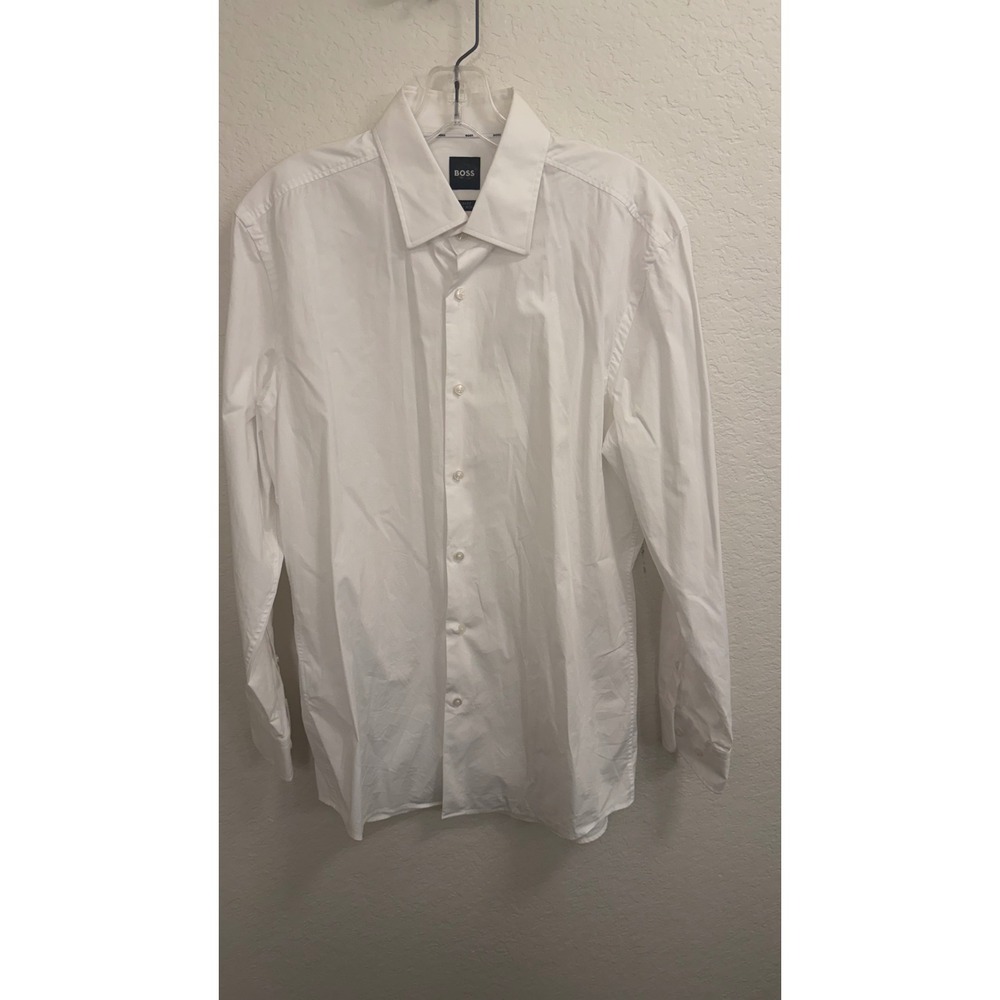 Boss Premium Mens White Slim Fit Easy Iron Dress Shirt Size 41 L 16 Long Sleeve